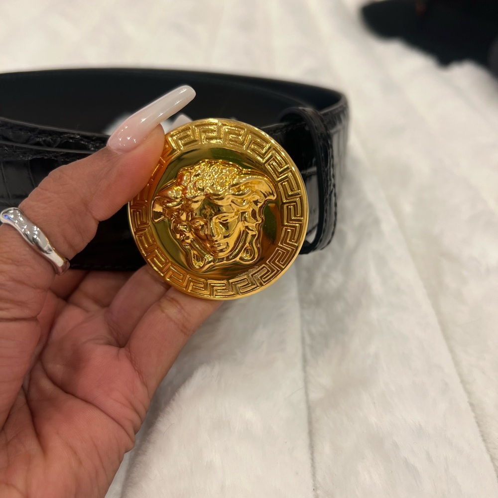 Versace Black croc embossed leather Belt with Gold Medusa Buckle